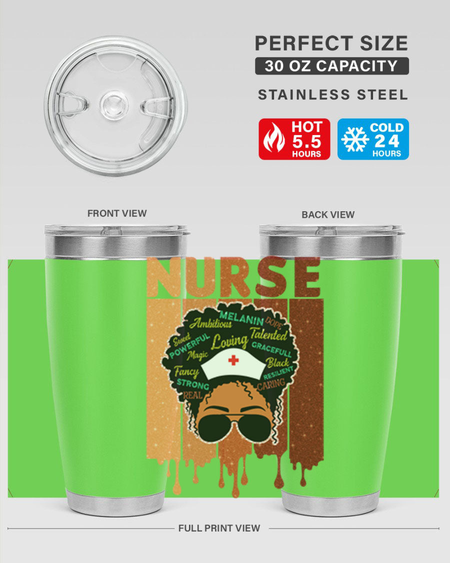 Black Nurse African Melanin Juneteenth tumbler, showcasing vibrant design and stainless steel construction.
