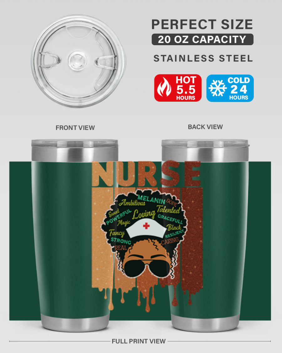 Black Nurse African Melanin Juneteenth tumbler, showcasing vibrant design and stainless steel construction.