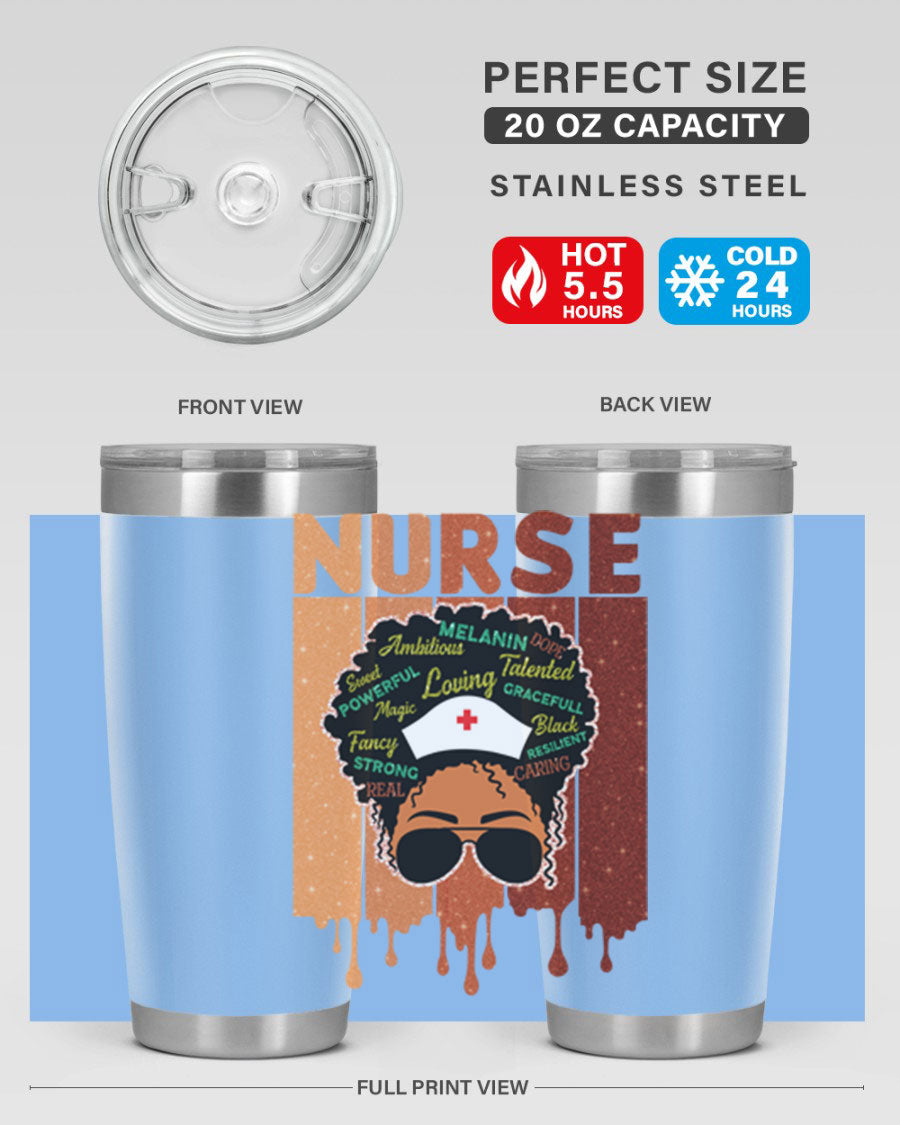 Black Nurse African Melanin Juneteenth tumbler, showcasing vibrant design and stainless steel construction.