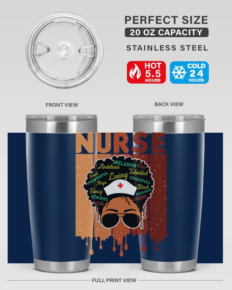 Black Nurse African Melanin Juneteenth tumbler, showcasing vibrant design and stainless steel construction.