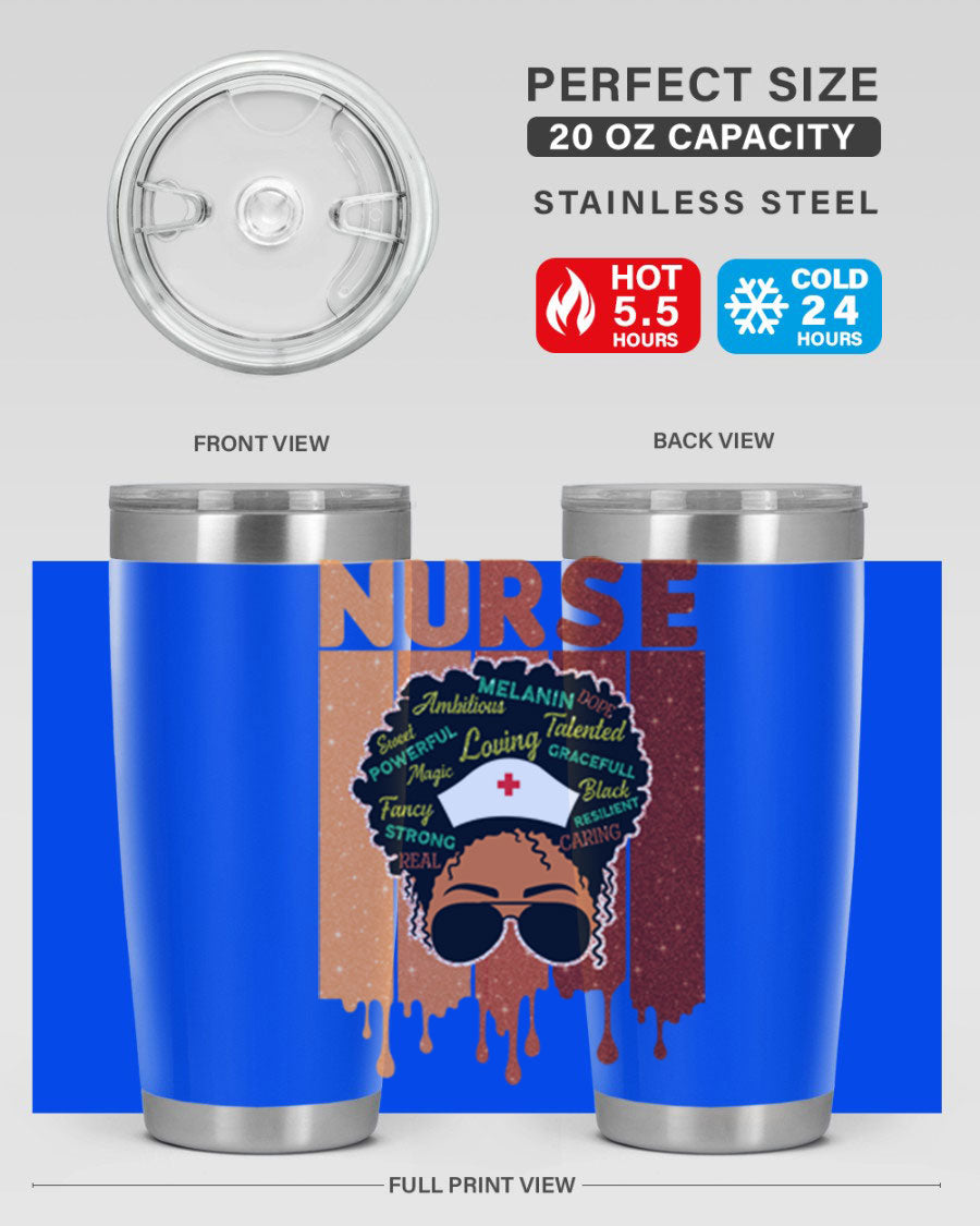 Black Nurse African Melanin Juneteenth tumbler, showcasing vibrant design and stainless steel construction.
