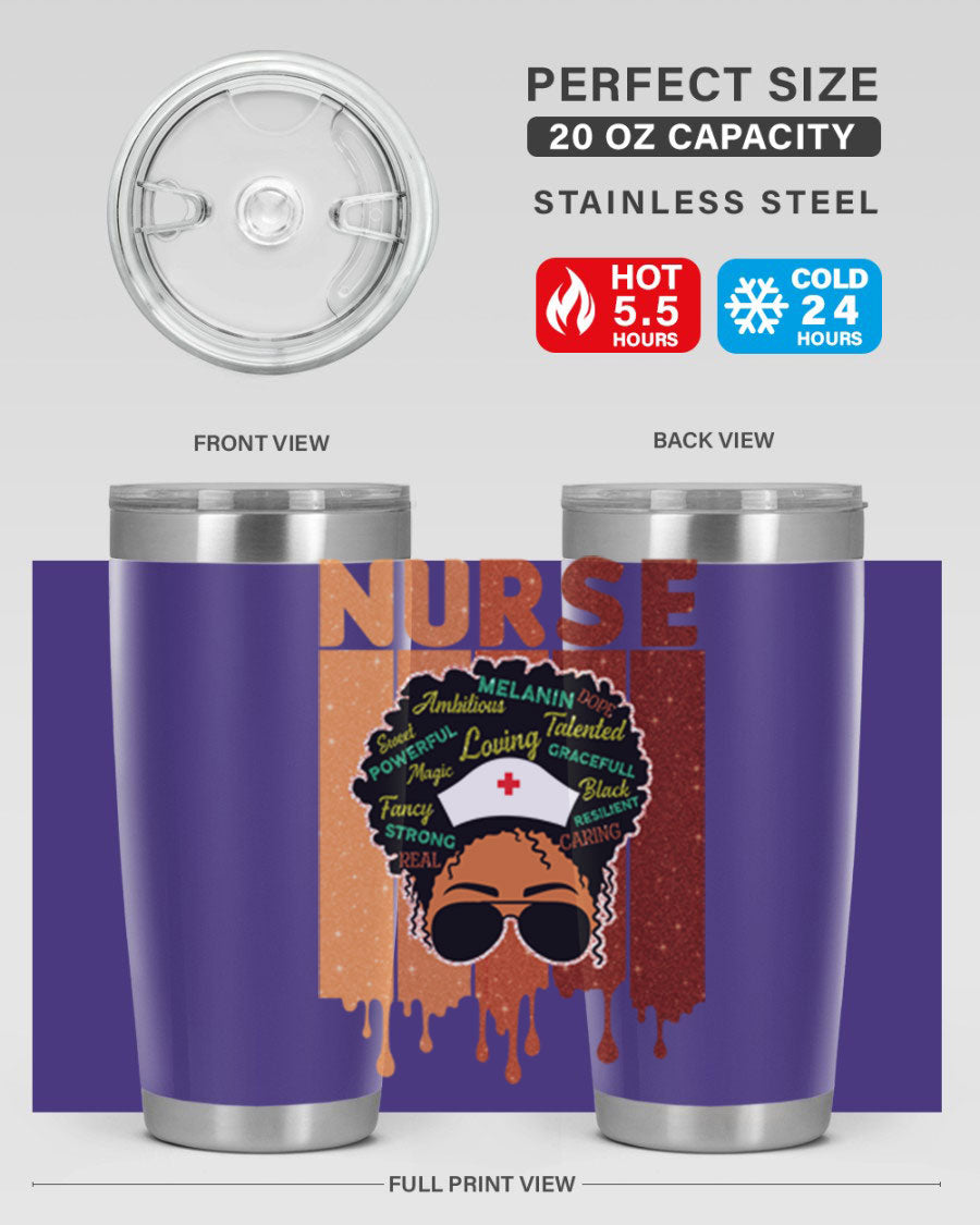 Black Nurse African Melanin Juneteenth tumbler, showcasing vibrant design and stainless steel construction.