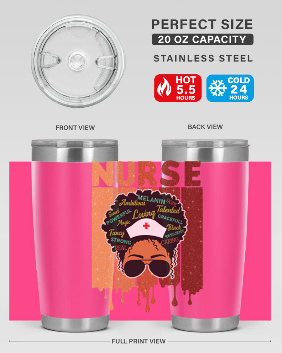 Black Nurse African Melanin Juneteenth tumbler, showcasing vibrant design and stainless steel construction.