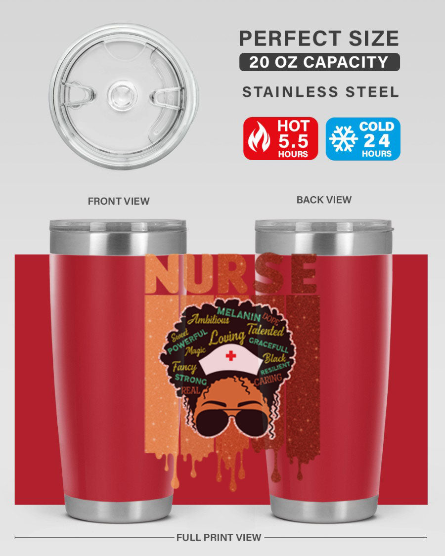 Black Nurse African Melanin Juneteenth tumbler, showcasing vibrant design and stainless steel construction.