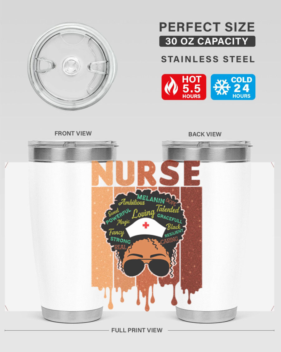 Black Nurse African Melanin Juneteenth tumbler, showcasing vibrant design and stainless steel construction.