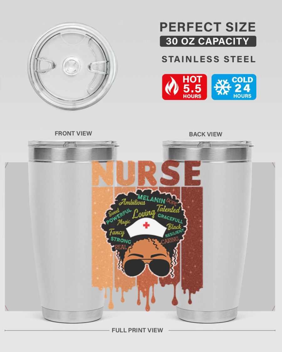 Black Nurse African Melanin Juneteenth tumbler, showcasing vibrant design and stainless steel construction.