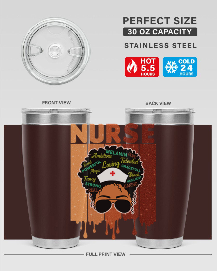 Black Nurse African Melanin Juneteenth tumbler, showcasing vibrant design and stainless steel construction.