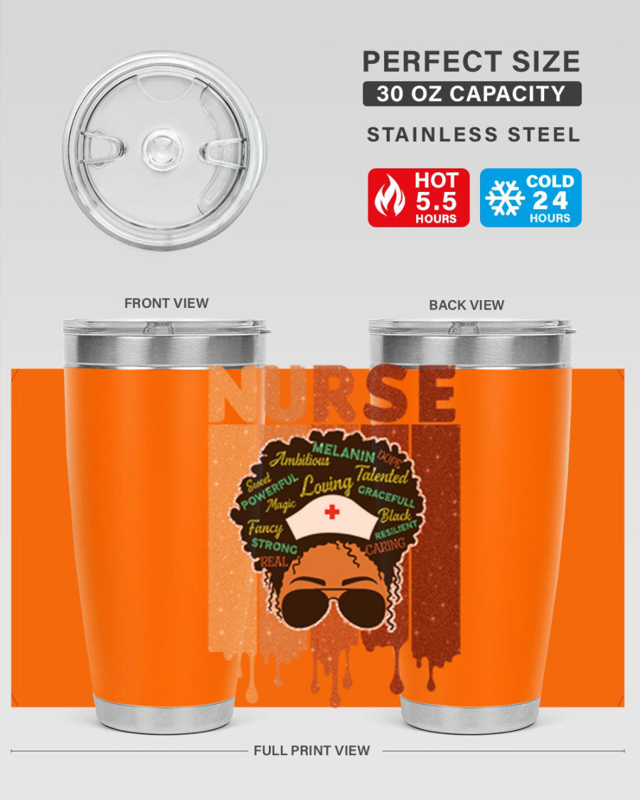 Black Nurse African Melanin Juneteenth tumbler, showcasing vibrant design and stainless steel construction.