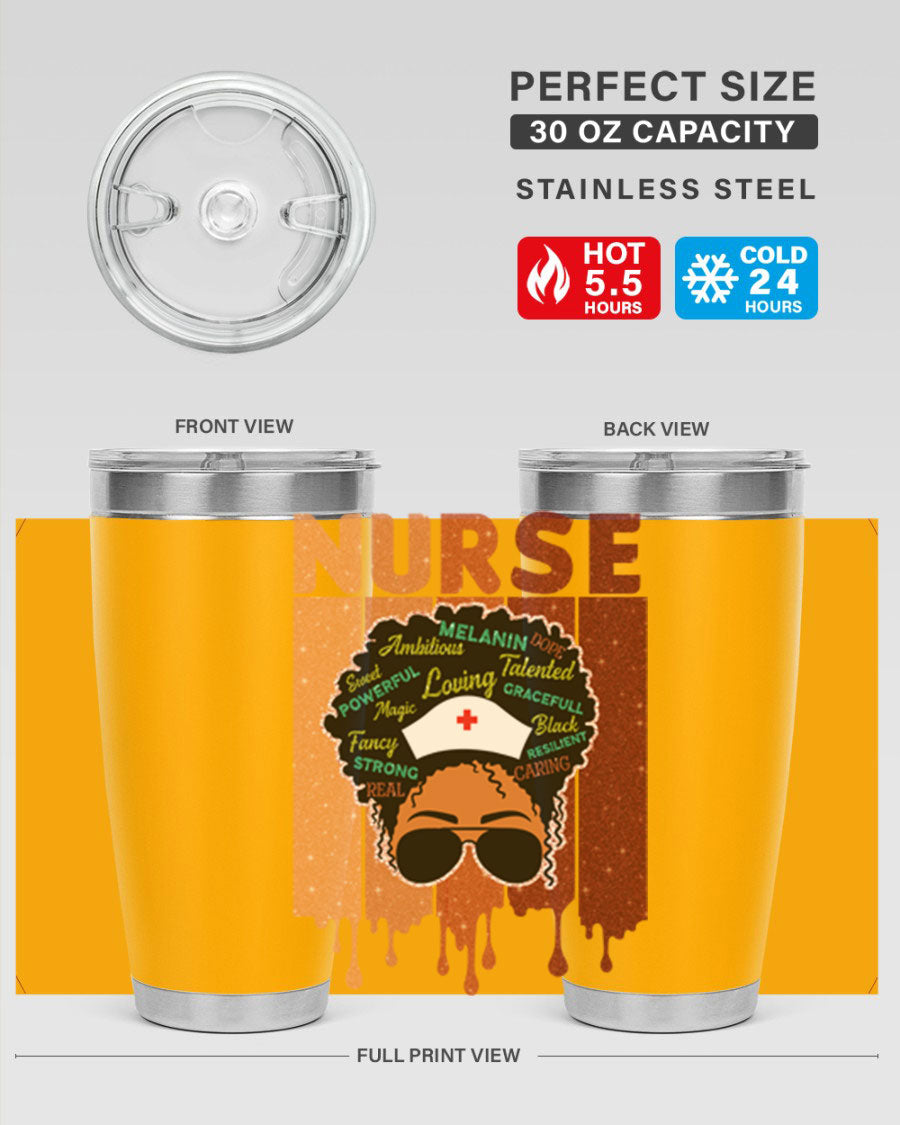 Black Nurse African Melanin Juneteenth tumbler, showcasing vibrant design and stainless steel construction.