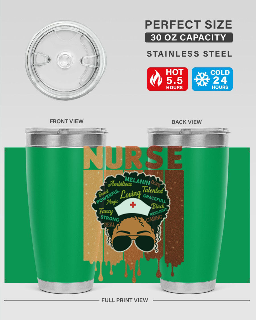 Black Nurse African Melanin Juneteenth tumbler, showcasing vibrant design and stainless steel construction.