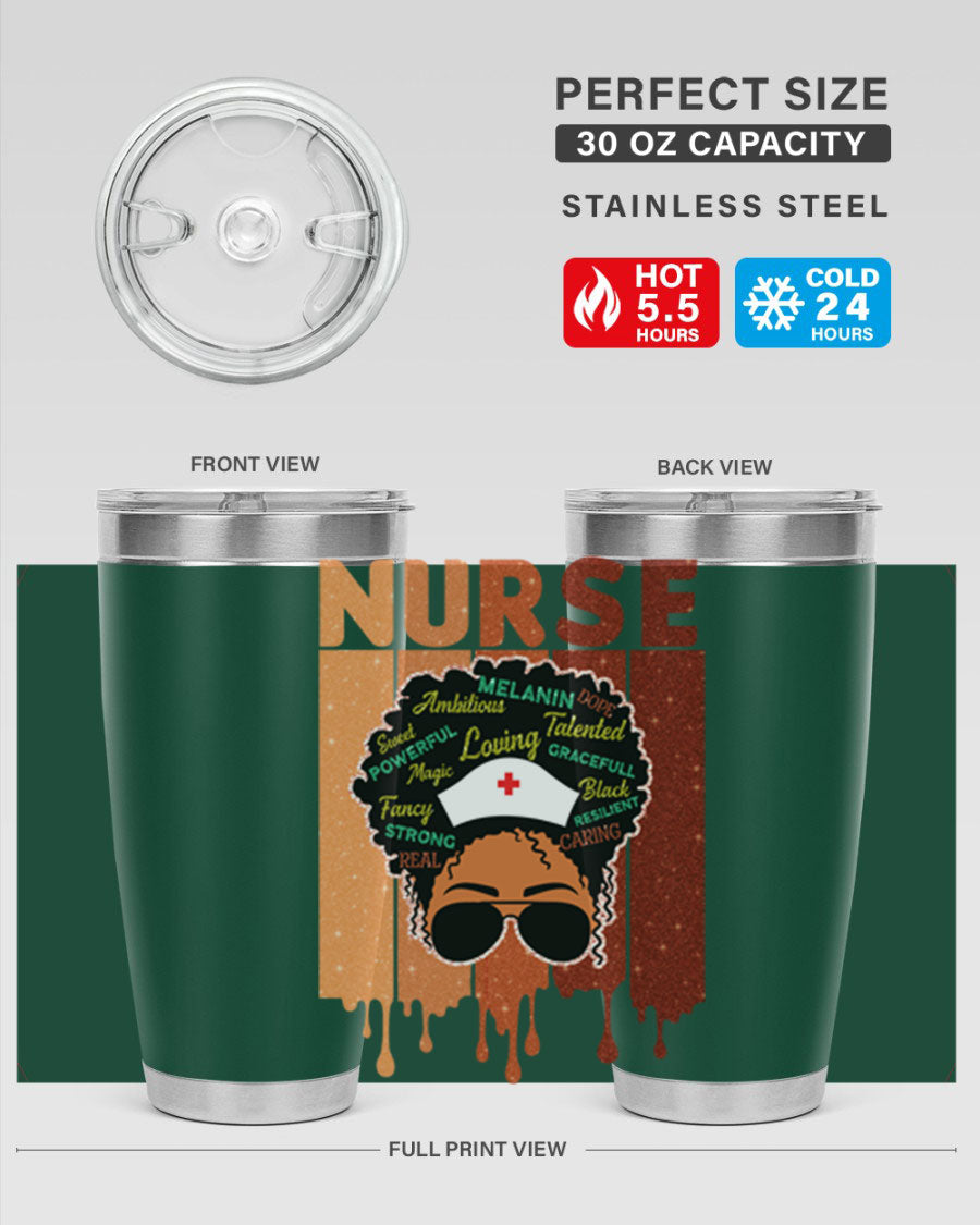 Black Nurse African Melanin Juneteenth tumbler, showcasing vibrant design and stainless steel construction.