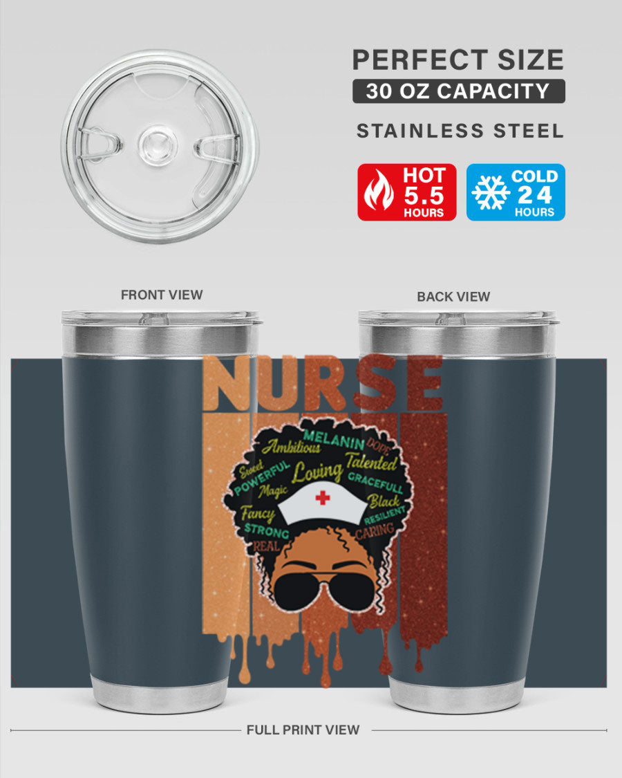 Black Nurse African Melanin Juneteenth tumbler, showcasing vibrant design and stainless steel construction.