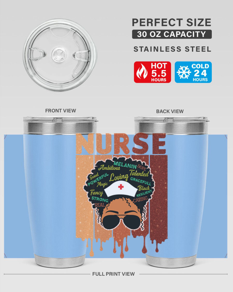 Black Nurse African Melanin Juneteenth tumbler, showcasing vibrant design and stainless steel construction.