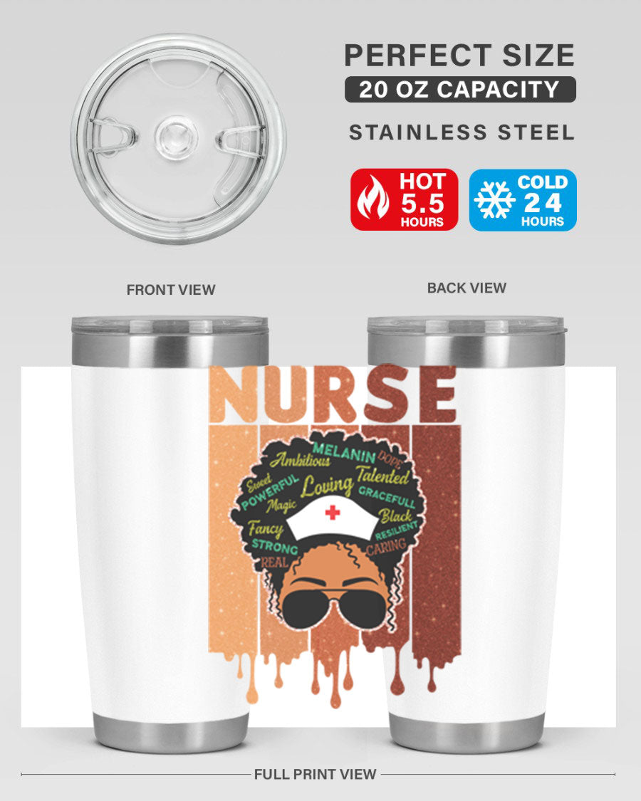 Black Nurse African Melanin Juneteenth tumbler, showcasing vibrant design and stainless steel construction.