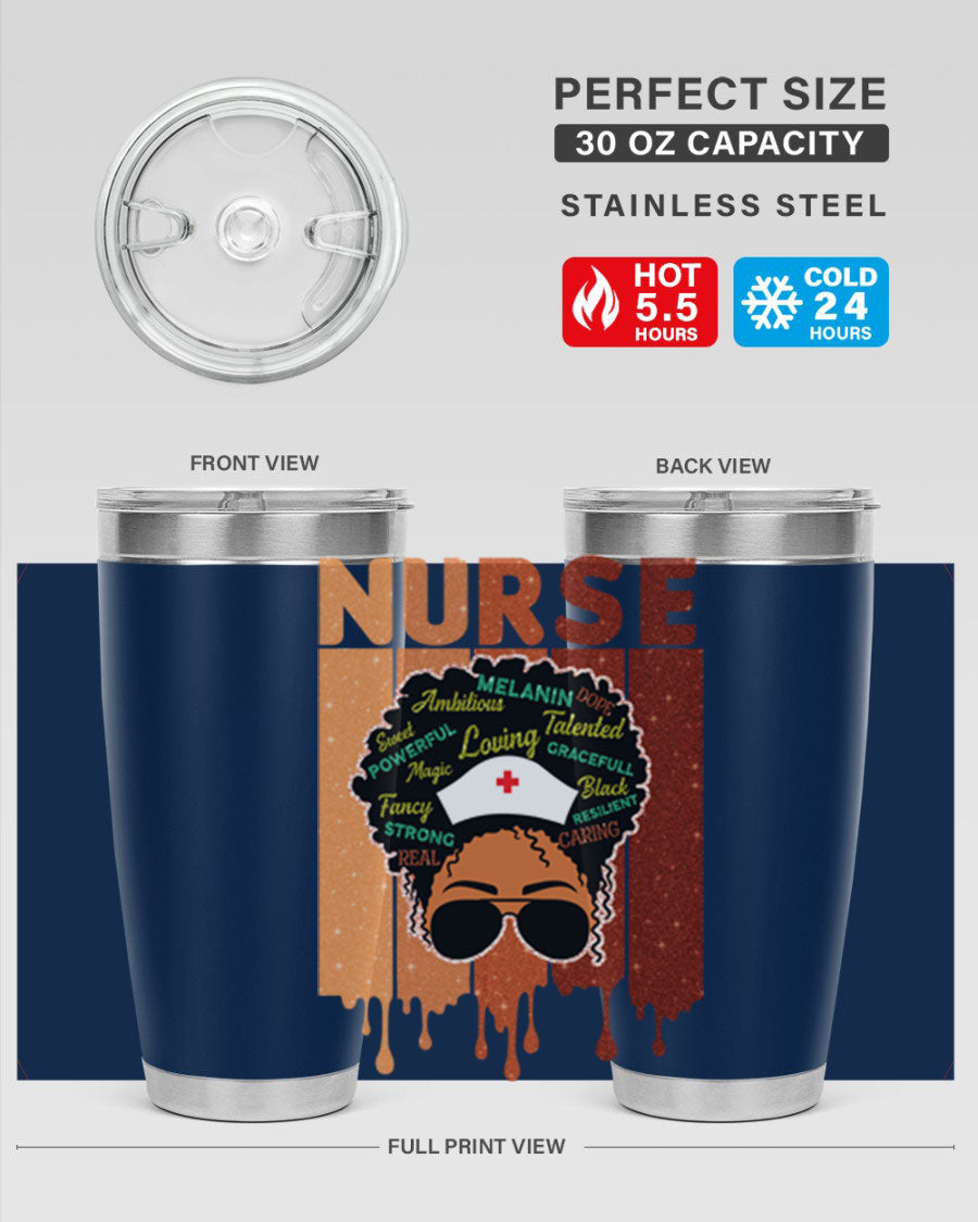 Black Nurse African Melanin Juneteenth tumbler, showcasing vibrant design and stainless steel construction.