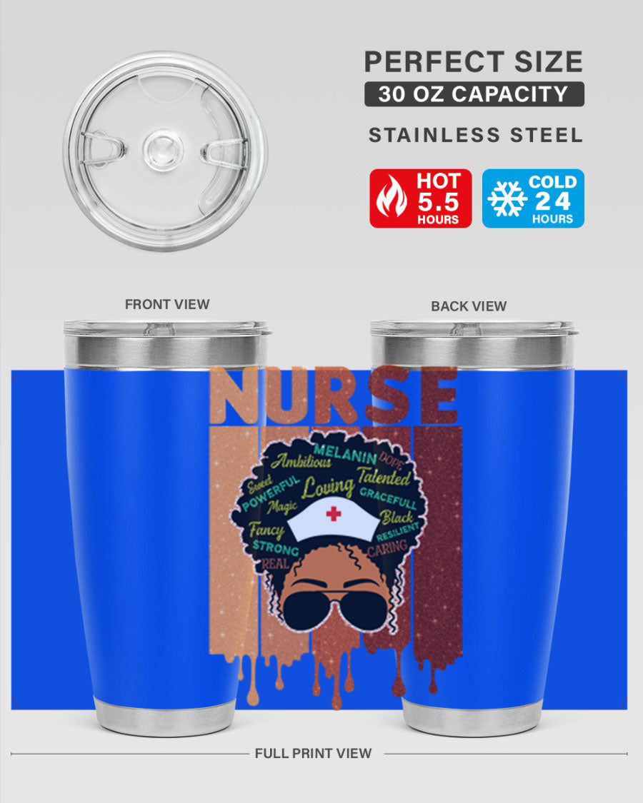 Black Nurse African Melanin Juneteenth tumbler, showcasing vibrant design and stainless steel construction.