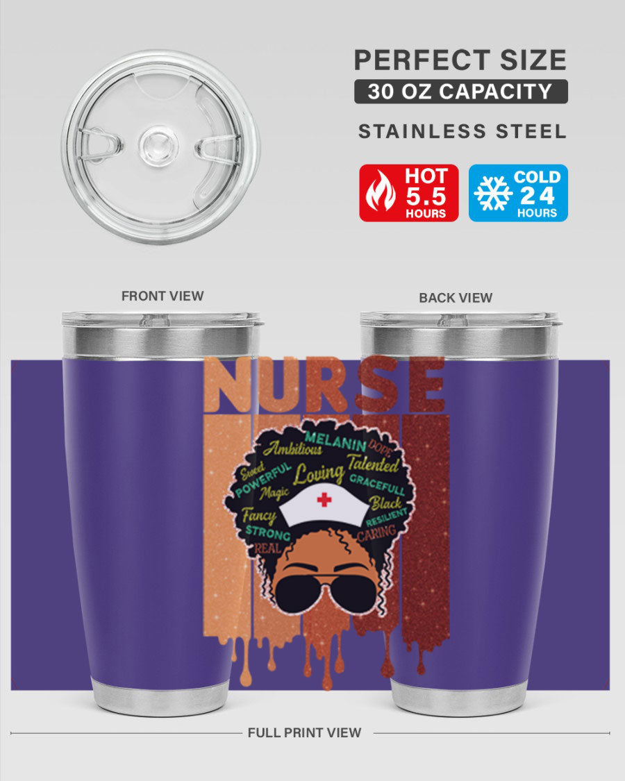 Black Nurse African Melanin Juneteenth tumbler, showcasing vibrant design and stainless steel construction.