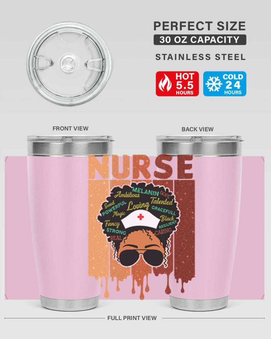 Black Nurse African Melanin Juneteenth tumbler, showcasing vibrant design and stainless steel construction.