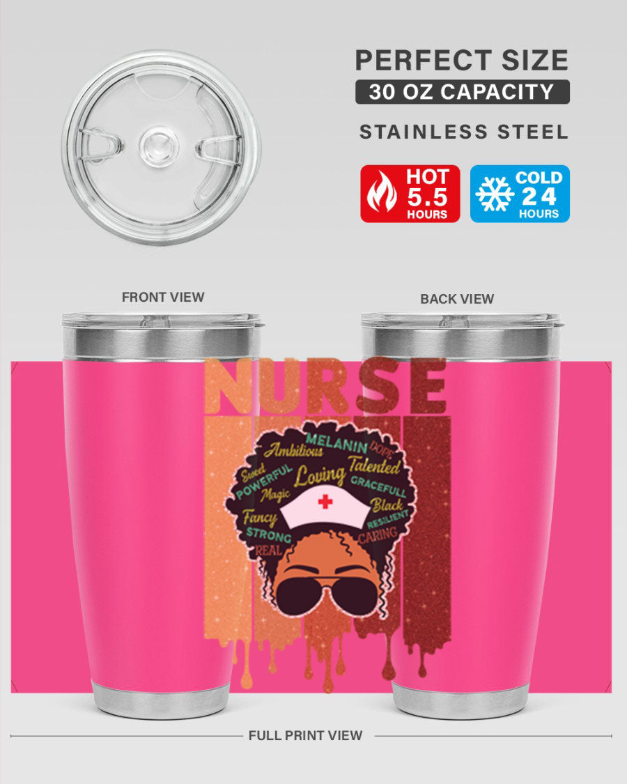 Black Nurse African Melanin Juneteenth tumbler, showcasing vibrant design and stainless steel construction.