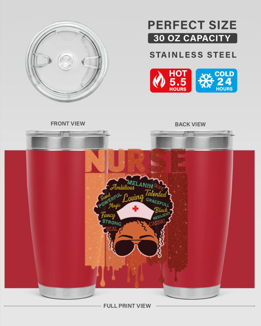 Black Nurse African Melanin Juneteenth tumbler, showcasing vibrant design and stainless steel construction.
