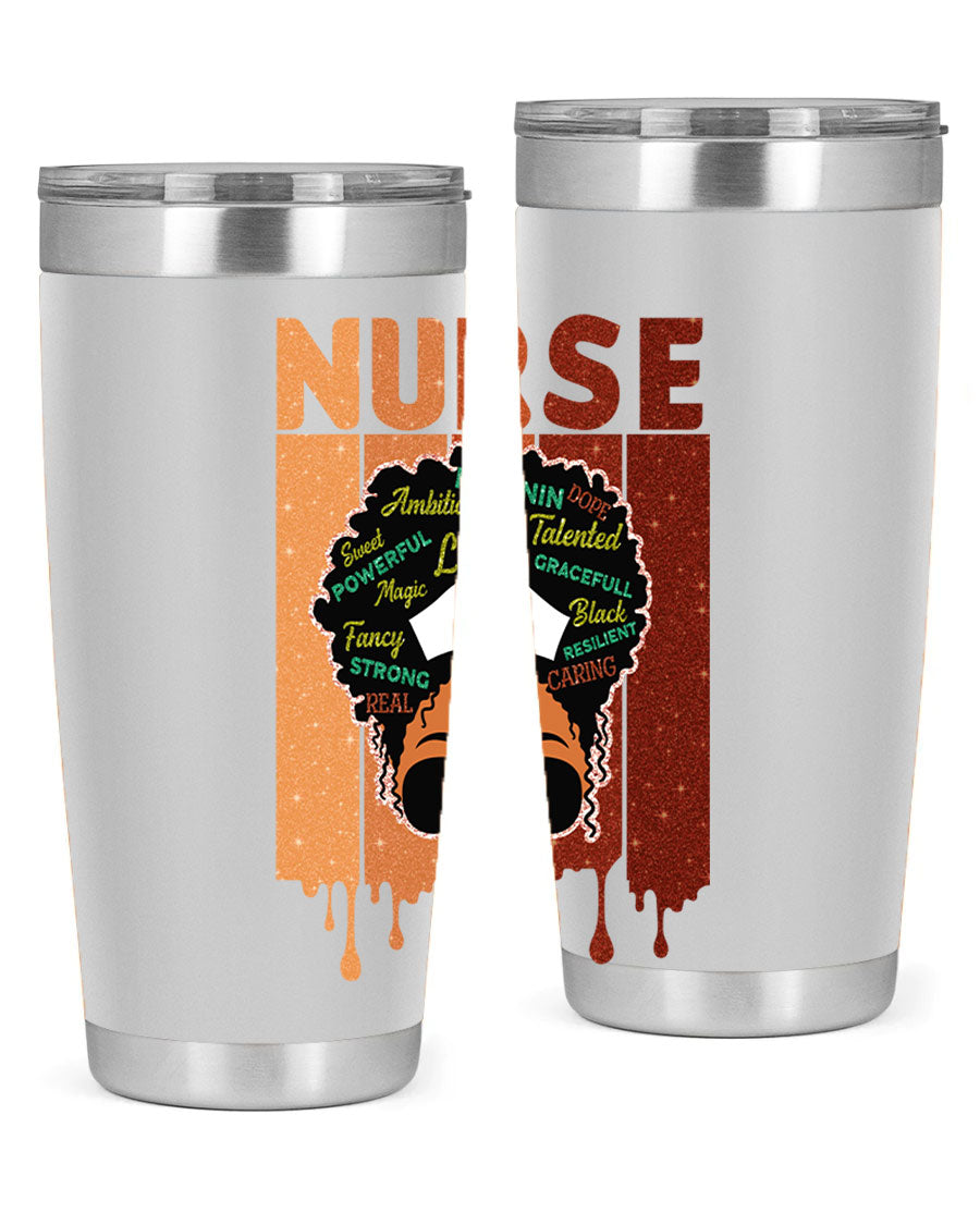 Black Nurse African Melanin Juneteenth tumbler, showcasing vibrant design and stainless steel construction.