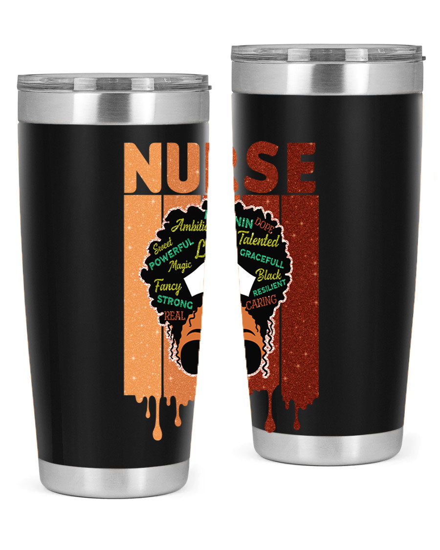 Black Nurse African Melanin Juneteenth tumbler, showcasing vibrant design and stainless steel construction.