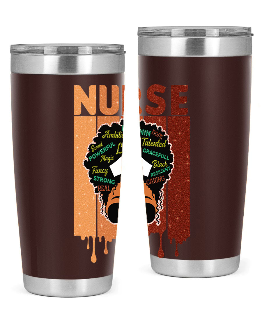 Black Nurse African Melanin Juneteenth tumbler, showcasing vibrant design and stainless steel construction.