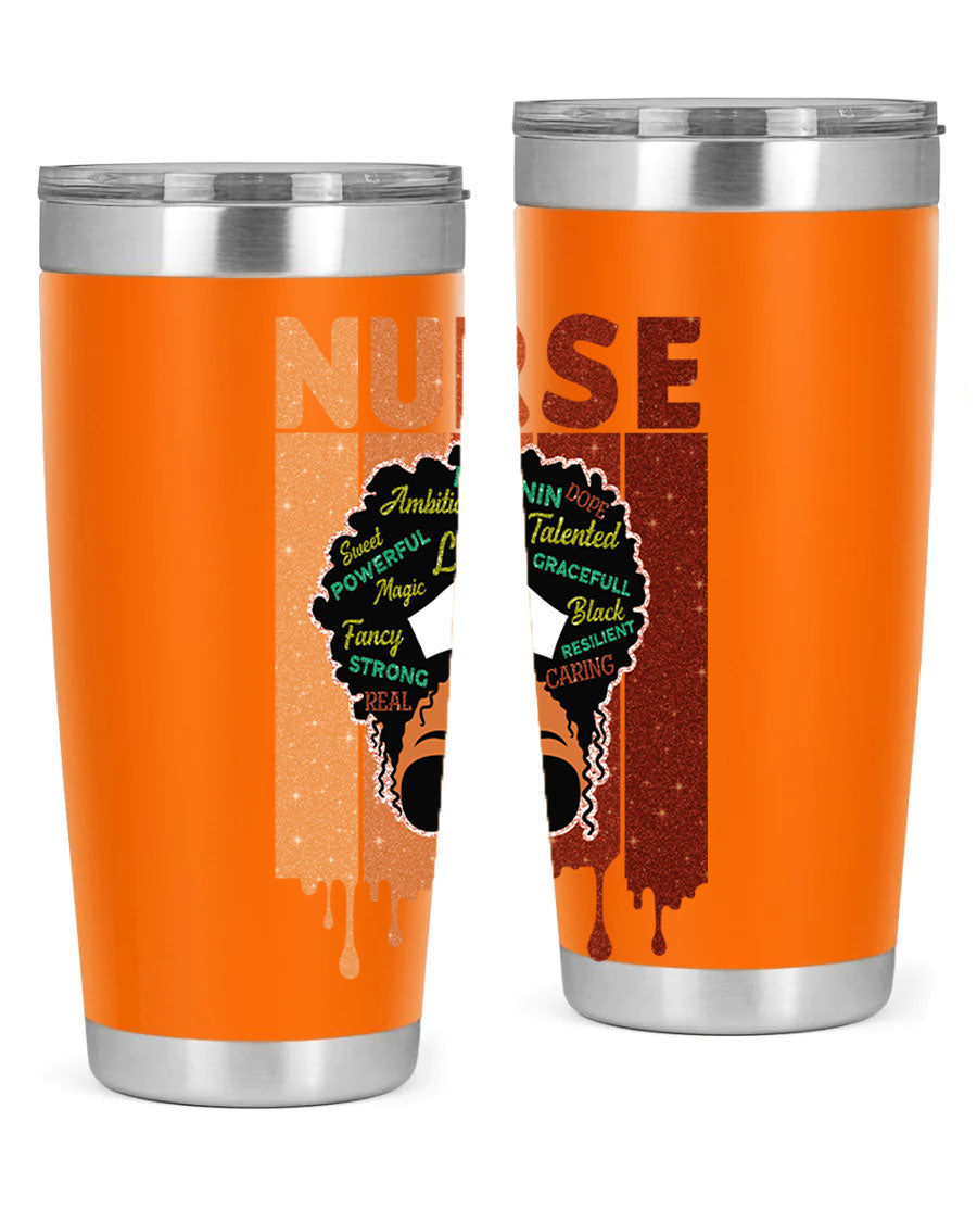 Black Nurse African Melanin Juneteenth tumbler, showcasing vibrant design and stainless steel construction.