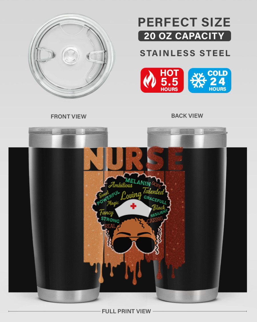 Black Nurse African Melanin Juneteenth tumbler, showcasing vibrant design and stainless steel construction.