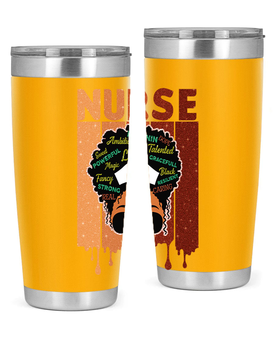 Black Nurse African Melanin Juneteenth tumbler, showcasing vibrant design and stainless steel construction.