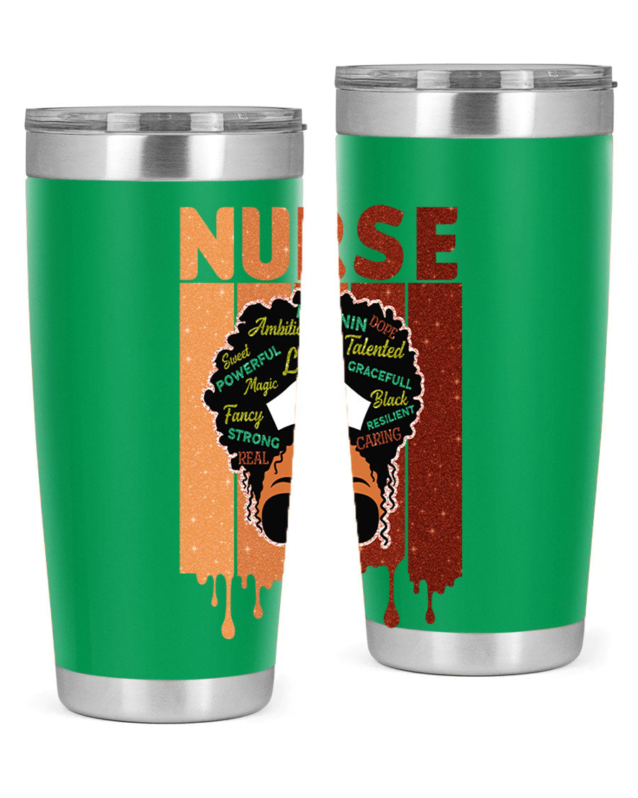 Black Nurse African Melanin Juneteenth tumbler, showcasing vibrant design and stainless steel construction.
