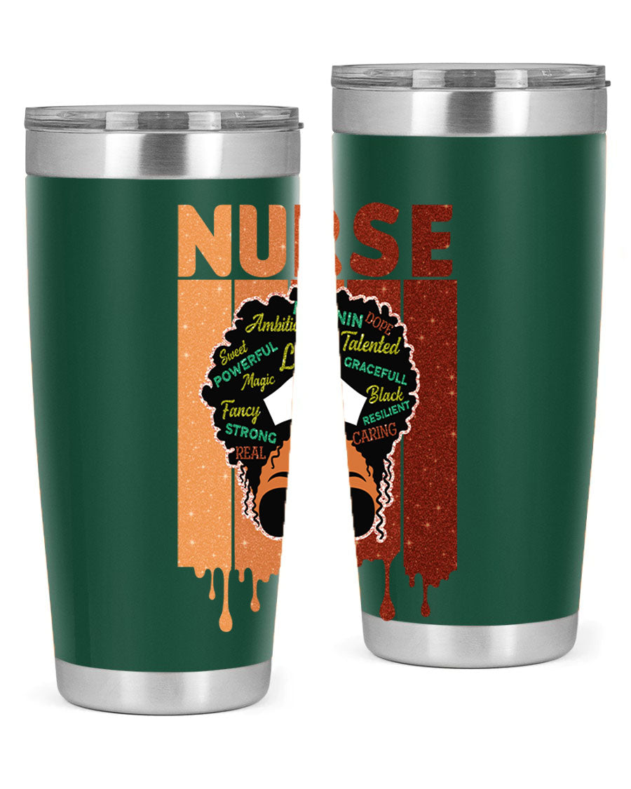 Black Nurse African Melanin Juneteenth tumbler, showcasing vibrant design and stainless steel construction.