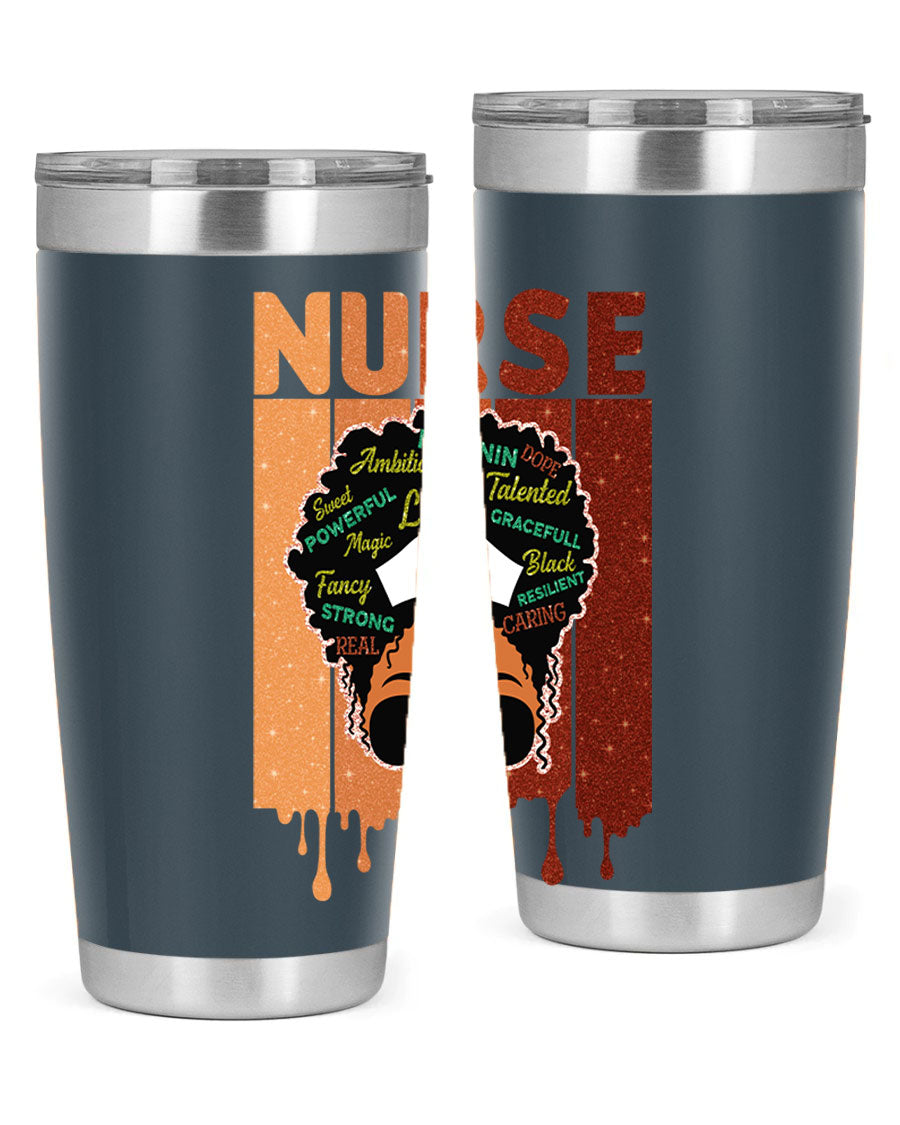 Black Nurse African Melanin Juneteenth tumbler, showcasing vibrant design and stainless steel construction.