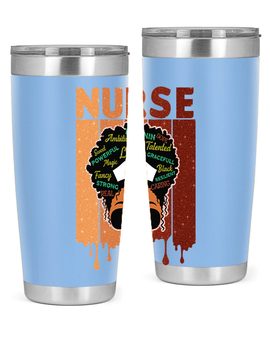 Black Nurse African Melanin Juneteenth tumbler, showcasing vibrant design and stainless steel construction.