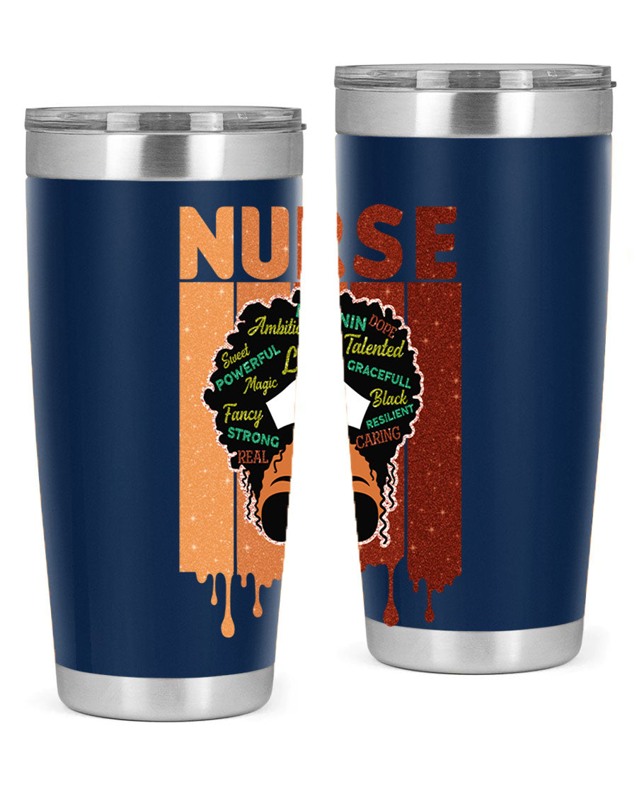 Black Nurse African Melanin Juneteenth tumbler, showcasing vibrant design and stainless steel construction.