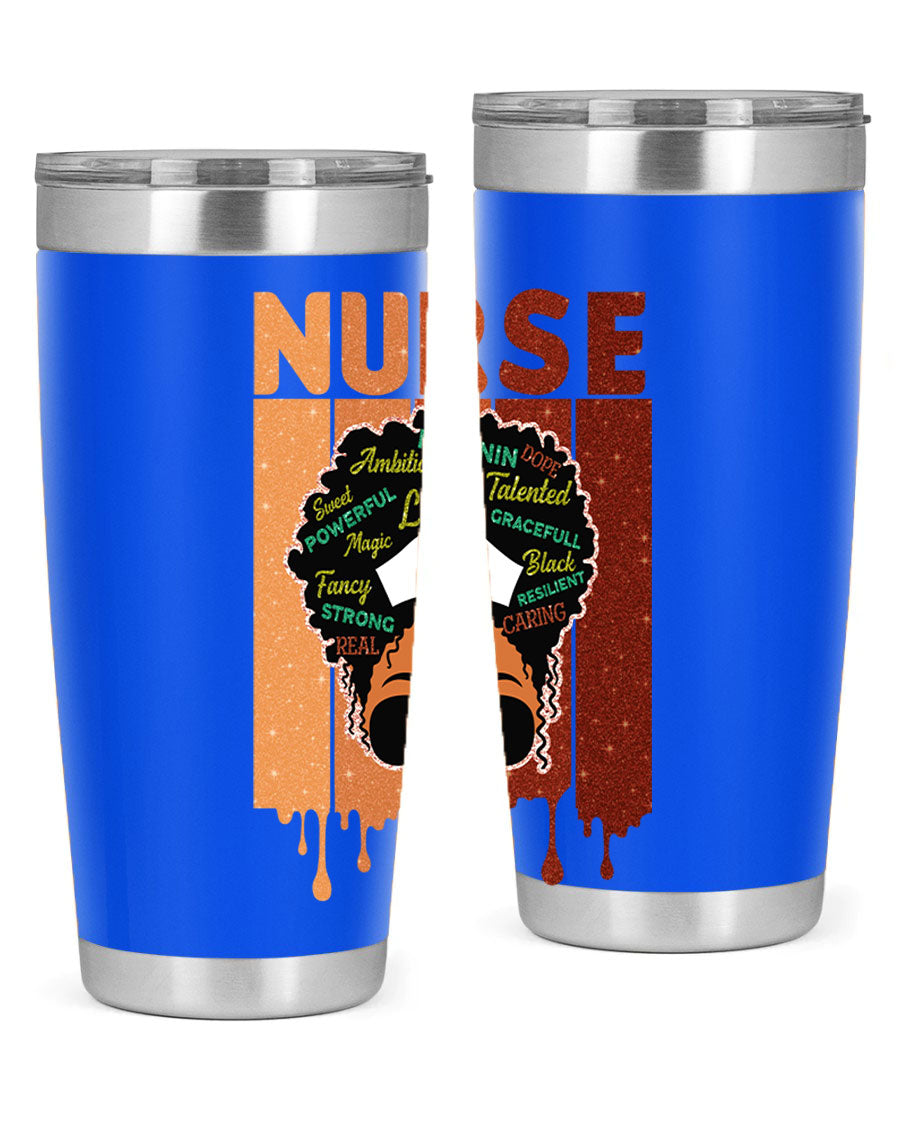 Black Nurse African Melanin Juneteenth tumbler, showcasing vibrant design and stainless steel construction.