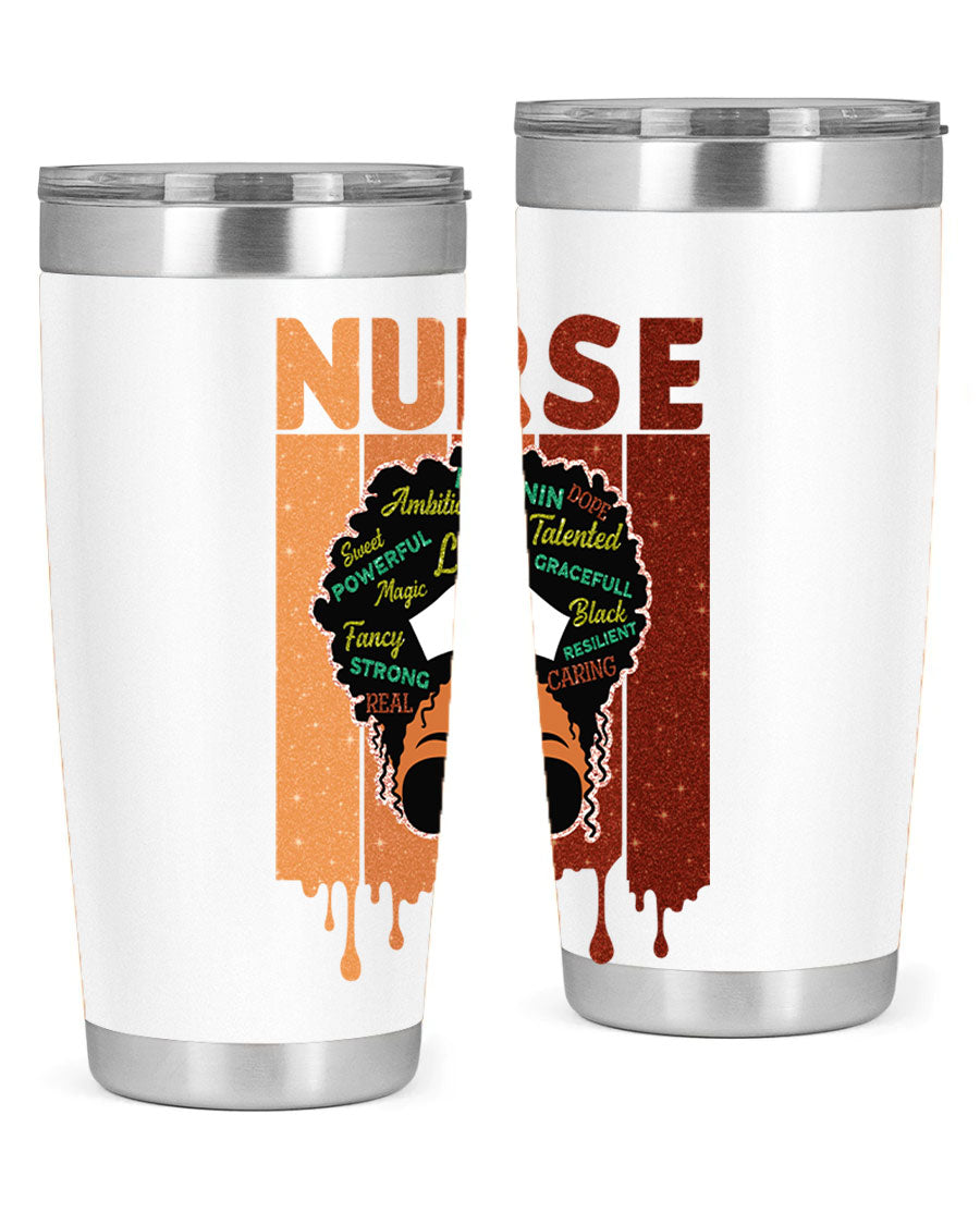 Black Nurse African Melanin Juneteenth tumbler, showcasing vibrant design and stainless steel construction.