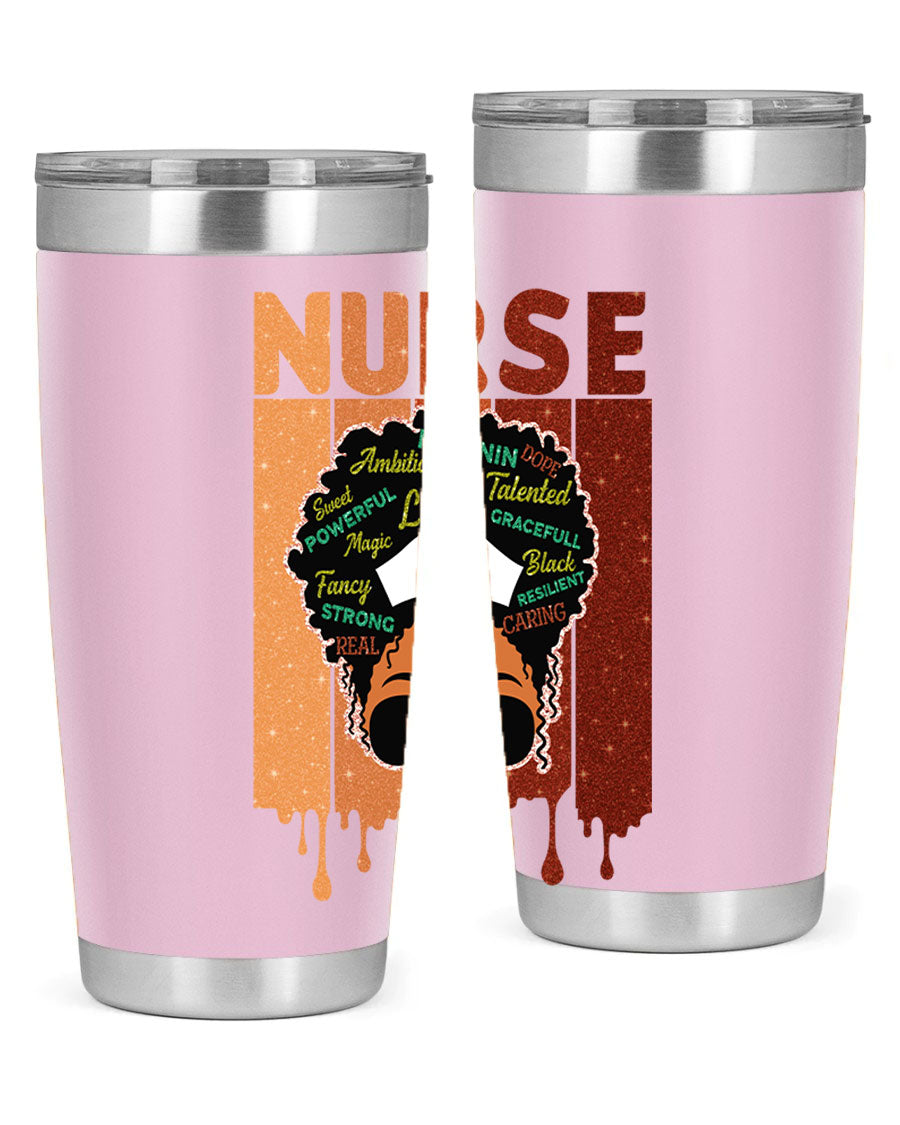 Black Nurse African Melanin Juneteenth tumbler, showcasing vibrant design and stainless steel construction.