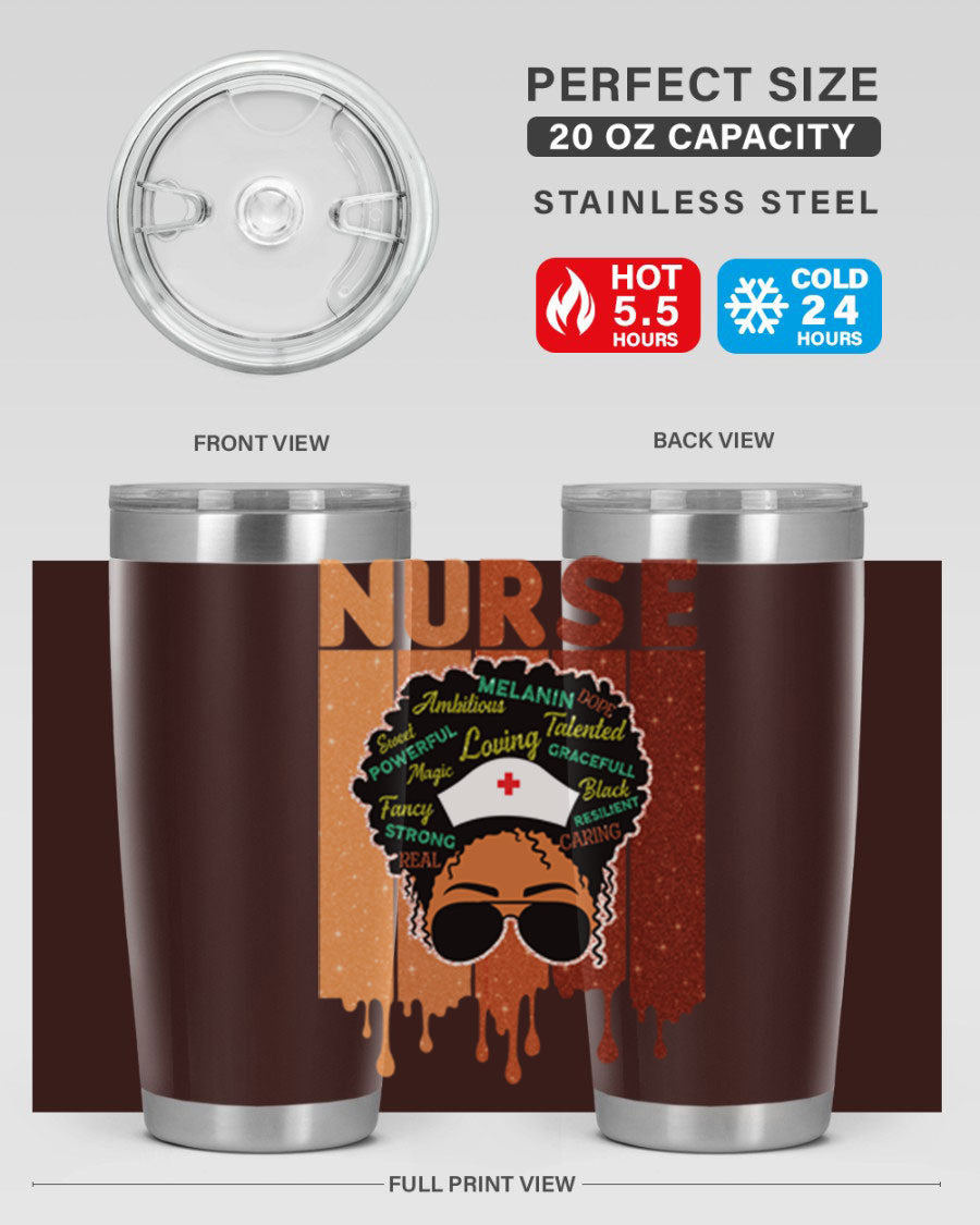 Black Nurse African Melanin Juneteenth tumbler, showcasing vibrant design and stainless steel construction.