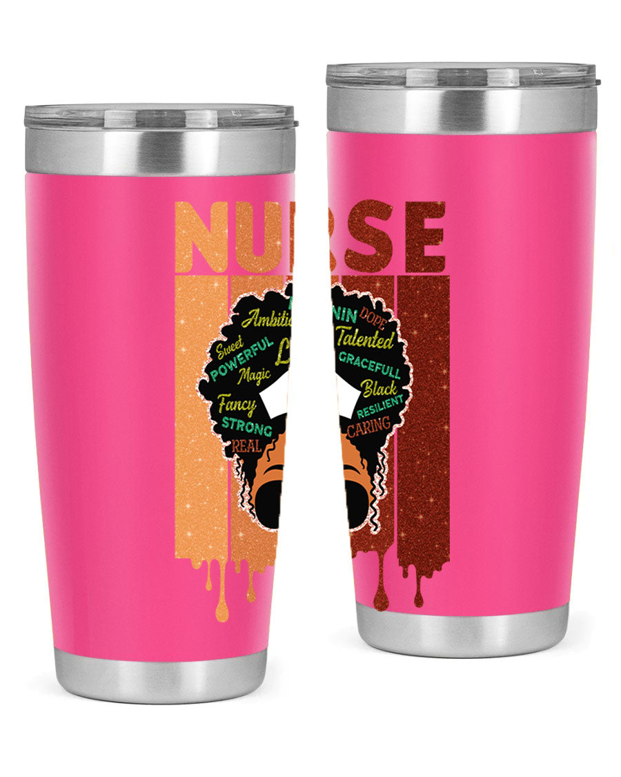 Black Nurse African Melanin Juneteenth tumbler, showcasing vibrant design and stainless steel construction.