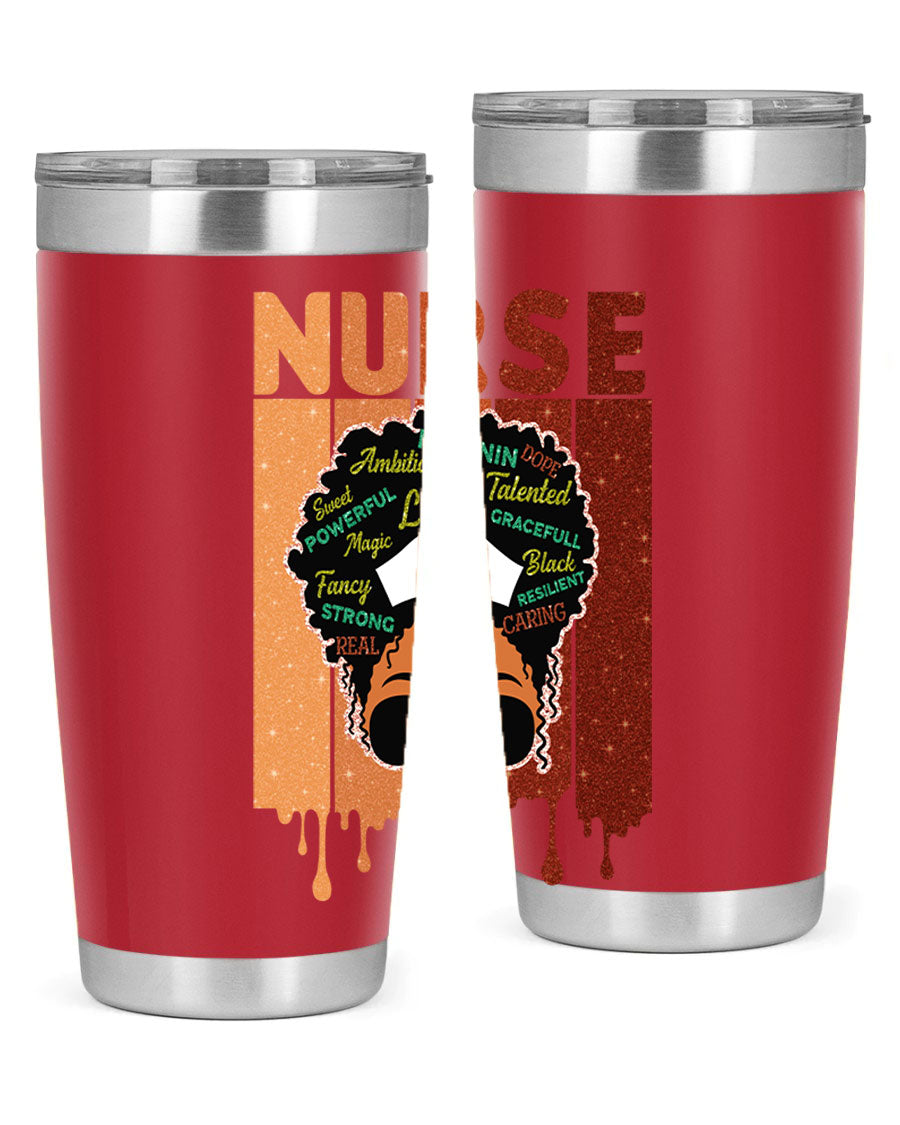 Black Nurse African Melanin Juneteenth tumbler, showcasing vibrant design and stainless steel construction.