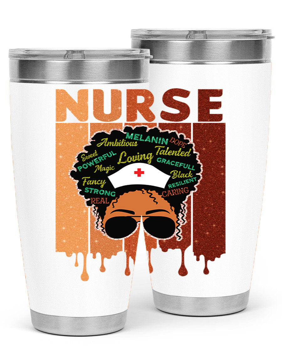 Black Nurse African Melanin Juneteenth tumbler, showcasing vibrant design and stainless steel construction.
