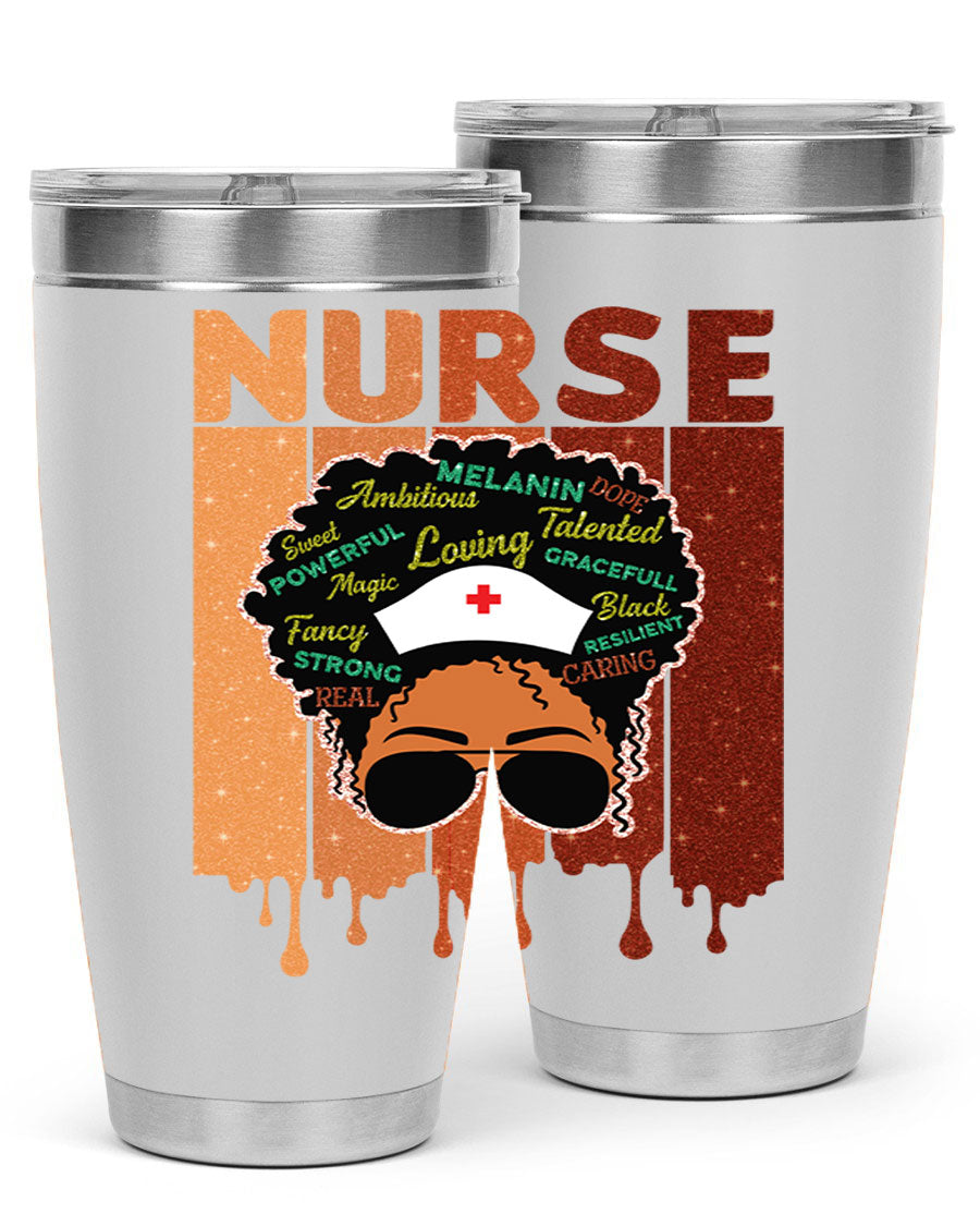 Black Nurse African Melanin Juneteenth tumbler, showcasing vibrant design and stainless steel construction.