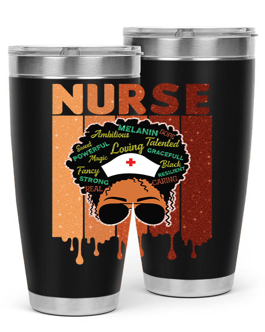 Black Nurse African Melanin Juneteenth tumbler, showcasing vibrant design and stainless steel construction.