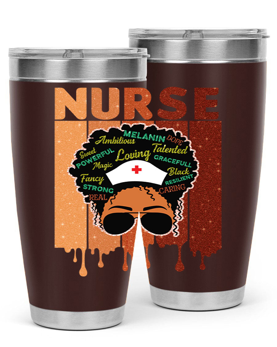 Black Nurse African Melanin Juneteenth tumbler, showcasing vibrant design and stainless steel construction.