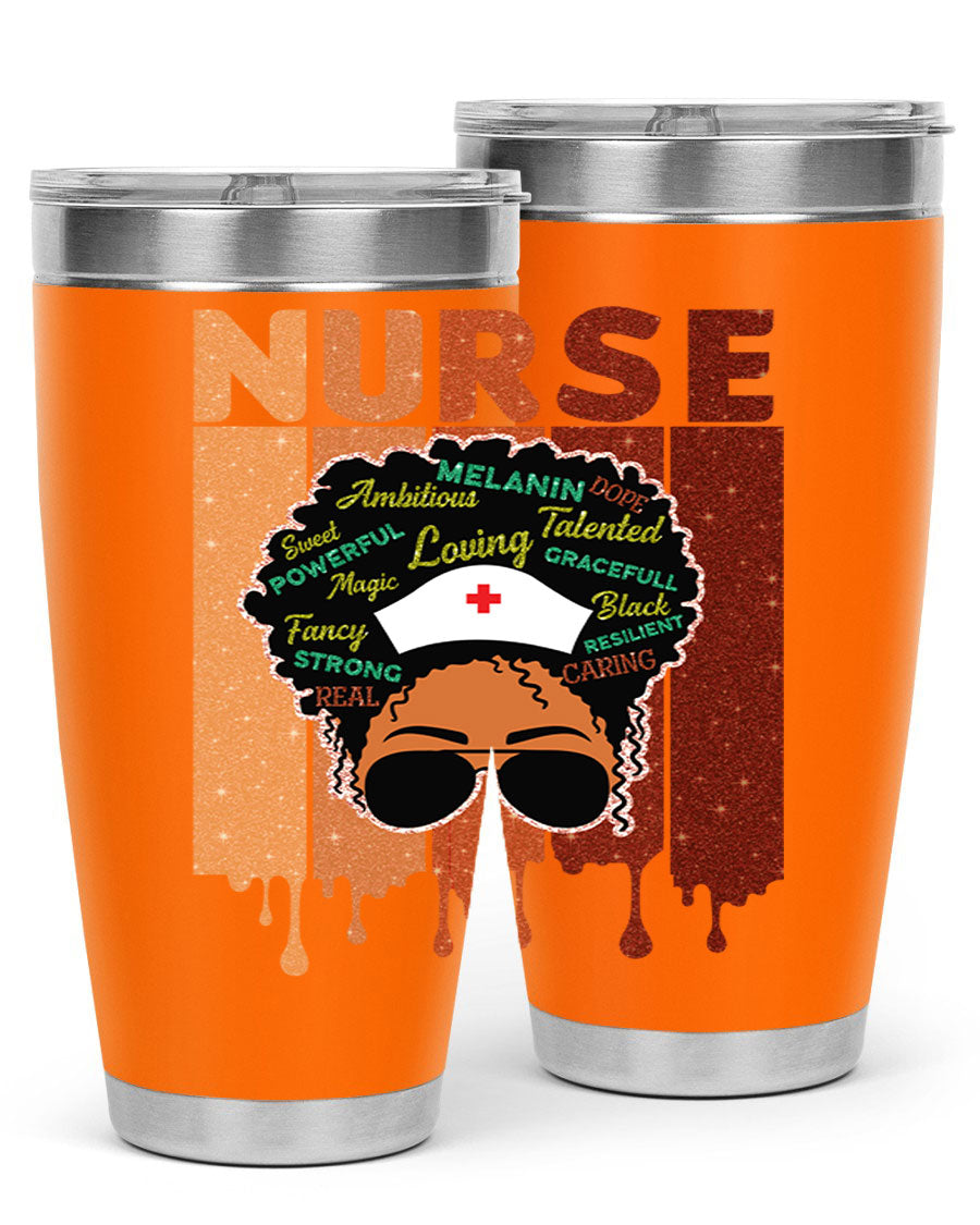 Black Nurse African Melanin Juneteenth tumbler, showcasing vibrant design and stainless steel construction.