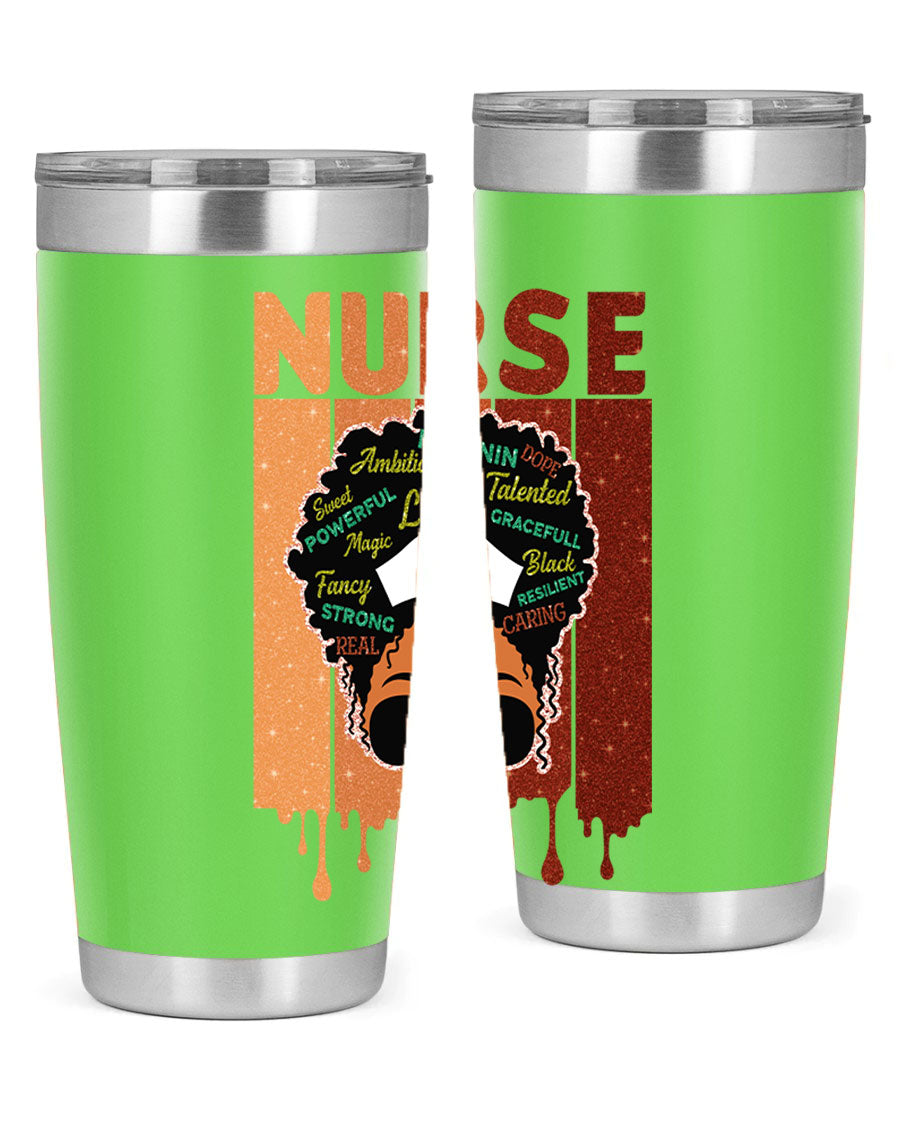 Black Nurse African Melanin Juneteenth tumbler, showcasing vibrant design and stainless steel construction.