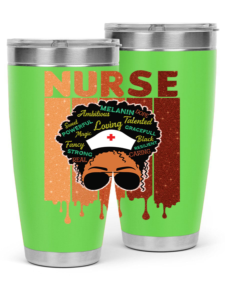 Black Nurse African Melanin Juneteenth tumbler, showcasing vibrant design and stainless steel construction.