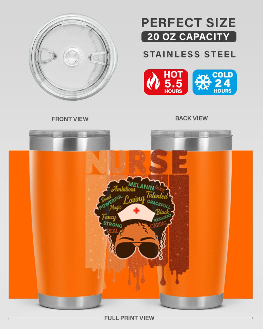 Black Nurse African Melanin Juneteenth tumbler, showcasing vibrant design and stainless steel construction.