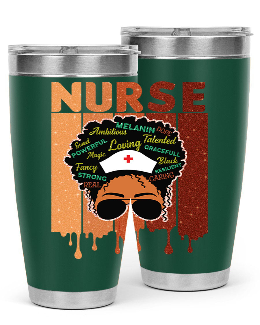 Black Nurse African Melanin Juneteenth tumbler, showcasing vibrant design and stainless steel construction.